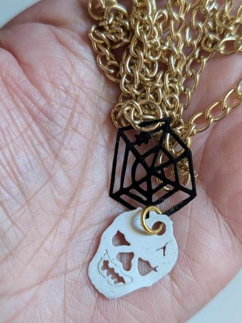 Vintage Halloween Gold Tone White Skull and Black Spider Web Pendant Necklace
